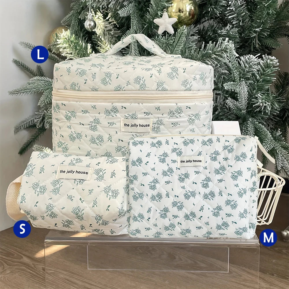 Quilted Cotton Makeup Bag – Zipper Cosmetic Organizer Box-Shaped Toiletry Case for Women & Girls