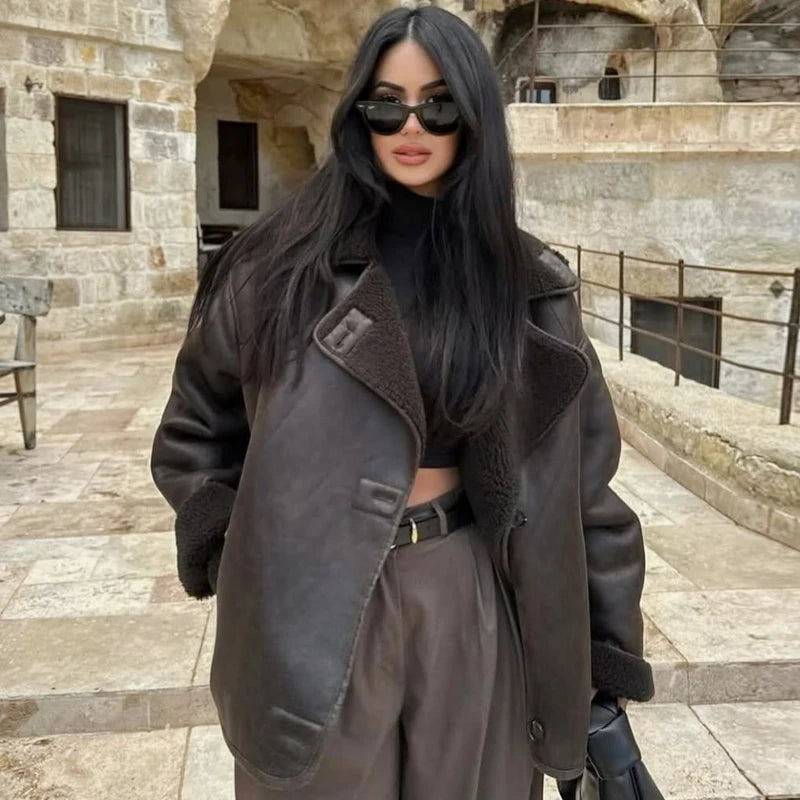 Women's Faux Leather Cropped Winter Coat with Faux Fur Collar – Waterproof Button Windbreaker, Brown