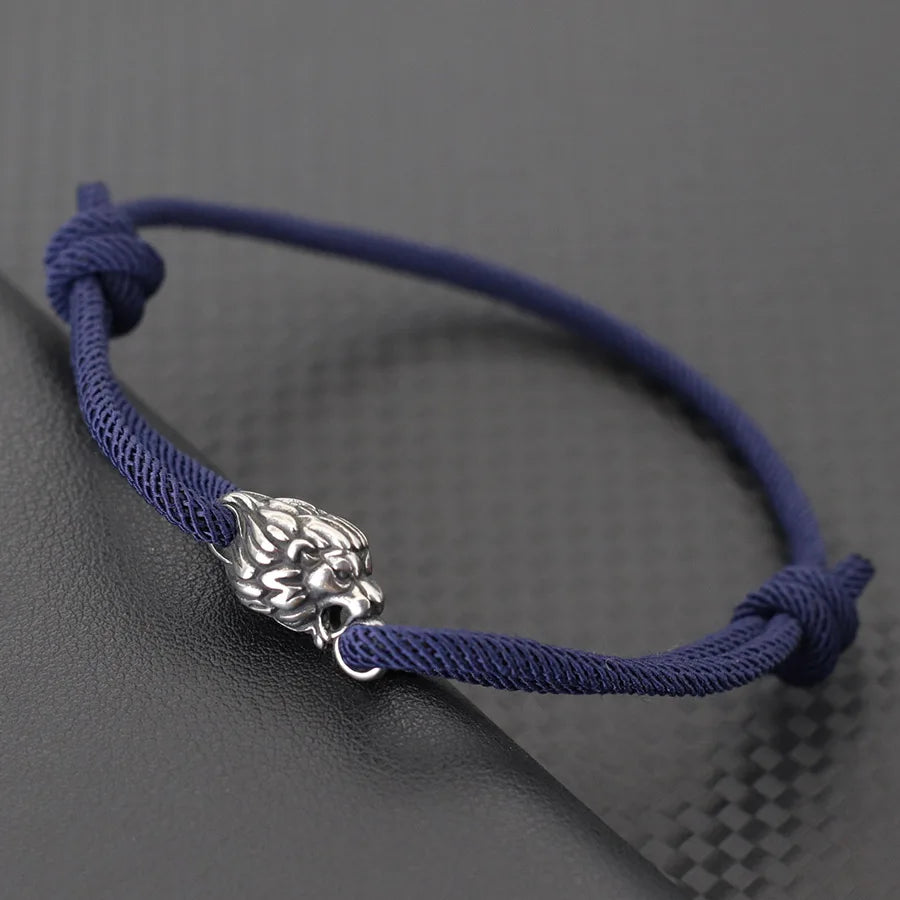 Gothic Lion Head Stainless Steel & Red String Bracelet - Handmade Adjustable Men's Punk Hip Hop Gift