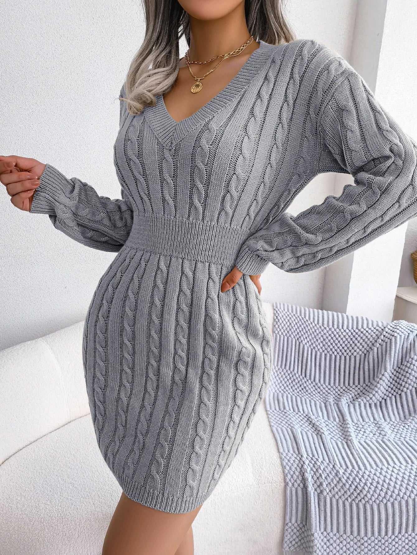 VigoCasey V-Neck Long Sleeve Knit Dress – Women's Autumn/Winter Solid Bodycon A-Line Ankle-Length