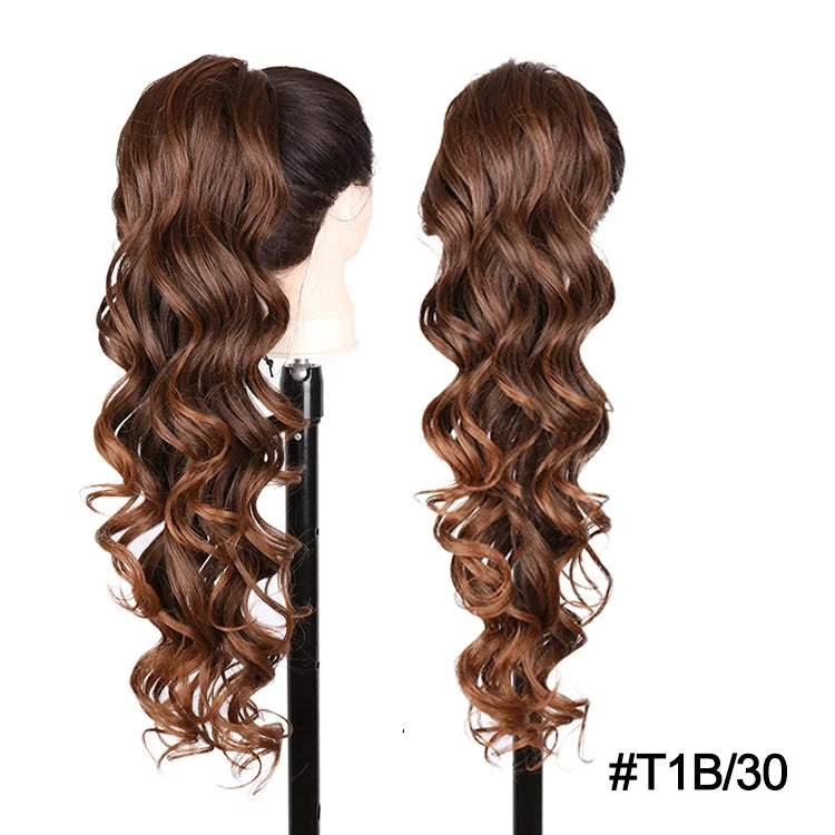 Long Ombre Blonde Synthetic Clip-In Braided Wavy Ponytail Hairpiece — Black to Brown Hair Extension