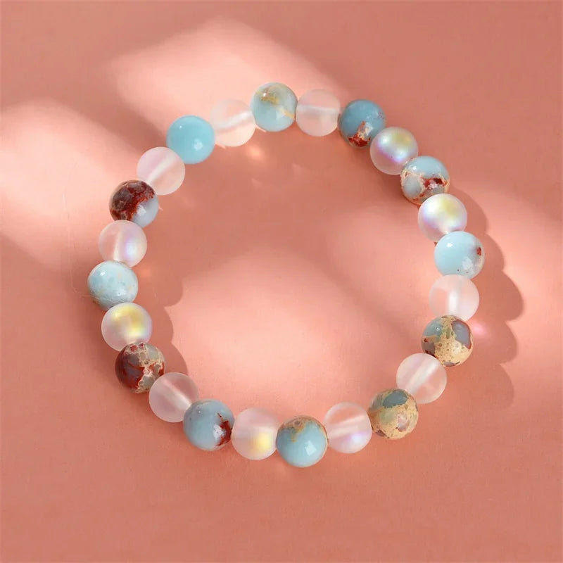 Aura Quartz & Ocean Sediment Bead Bracelet 8 mm (0.31 in) Unisex Crystal Jewelry for Abundance