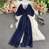 V-Neck Dolman Sleeve Polka Dot High-Waist Wide-Leg Jumpsuit for Women