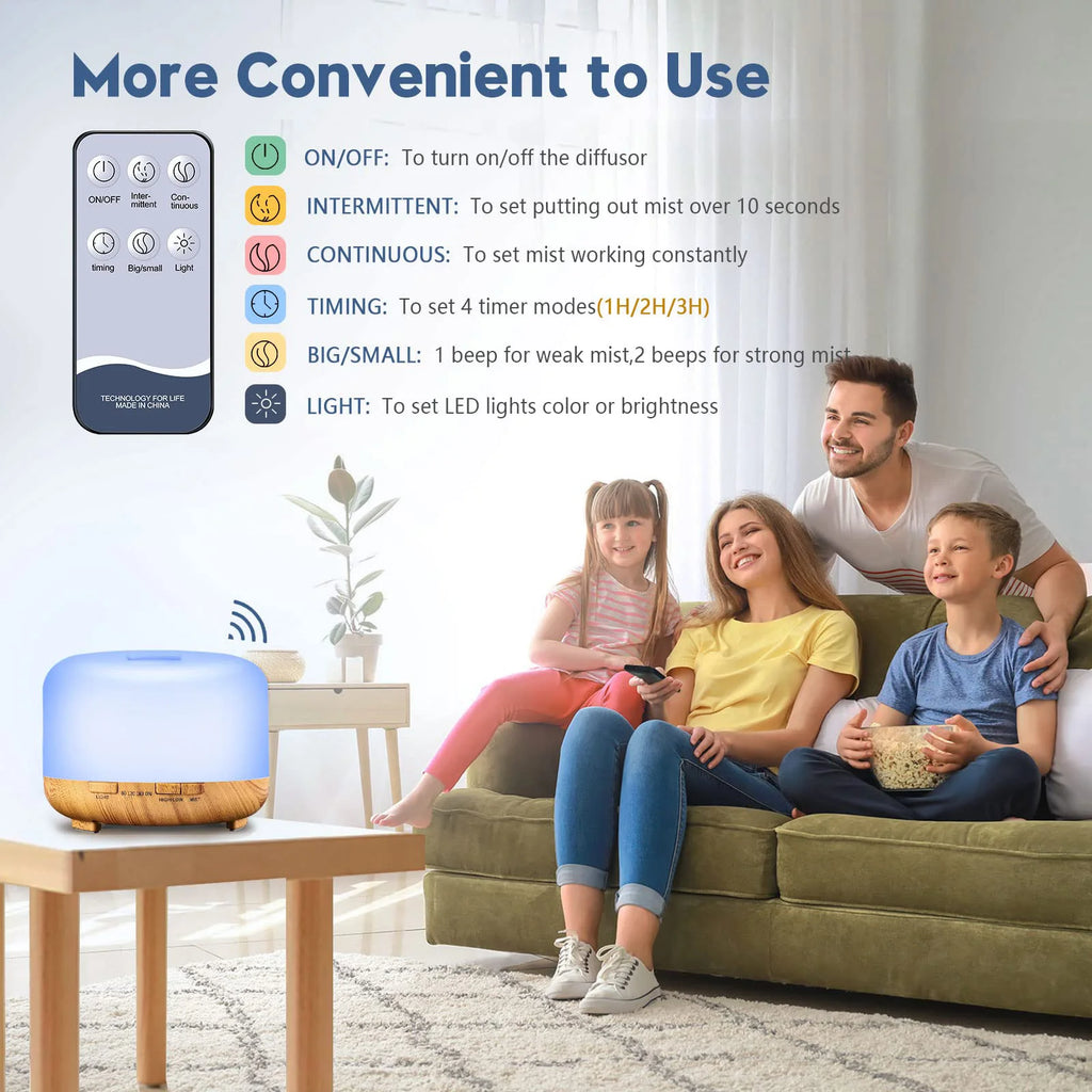 500ml (16.9 fl oz) Aromatherapy Oil Diffuser + 6 x 10ml (0.34 fl oz) Essential Oil Set - Lavender, Rose, Jasmine, Lemon, Hilton, Ocean