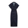 ETJ Denim Midi Dress with Lapel and Side Zipper – Slim Wrinkle-Waist Pencil Dress