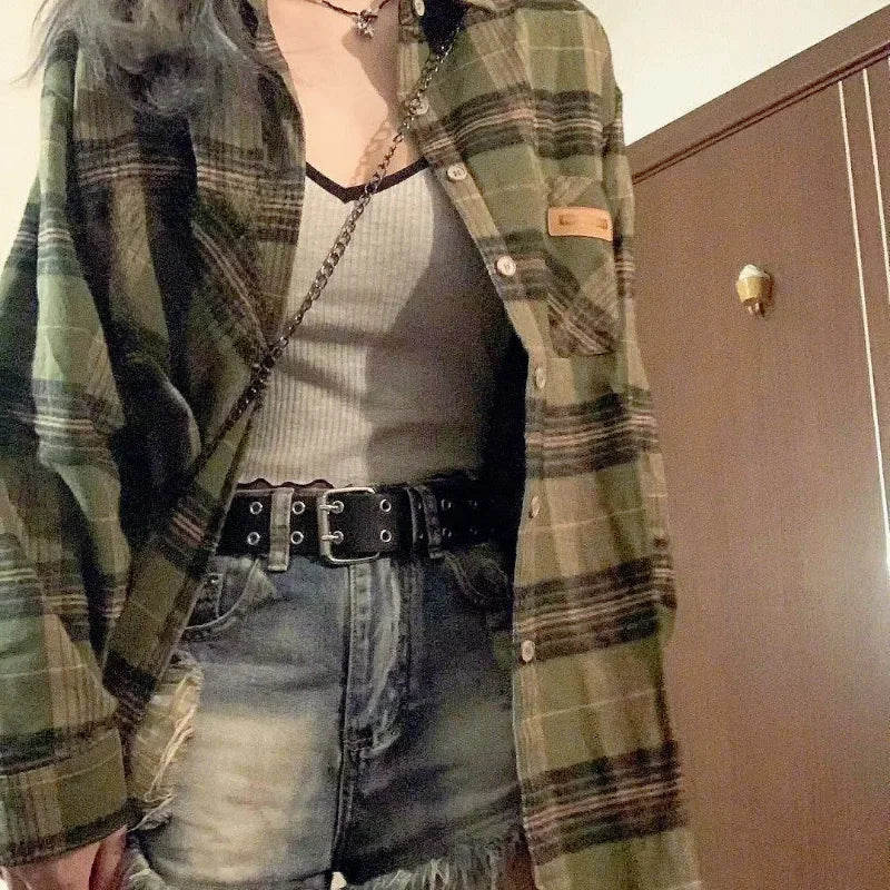 Harajuku Green Plaid Oversized Shirt - Women’s Vintage Long Sleeve Button Blouse, Korean Streetwear Aesthetic