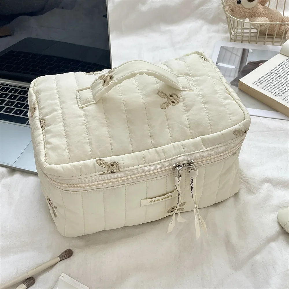 Quilted Embroidered Cotton Makeup Bag – Women's Zipper Cosmetic Pouch, Travel Toiletry Organizer, Cute Cartoon