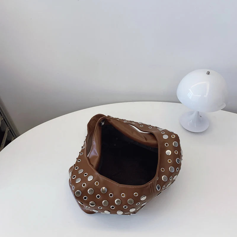 Rivets PU Leather Bucket Hobo Bag for Women - Punk Shoulder Handbag Purse