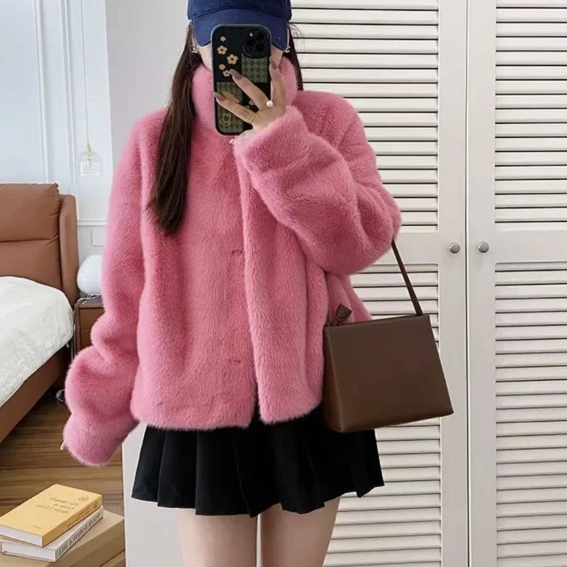 Women's Stand Collar Faux Fur Patchwork Jacket, Short Leather-Style Outerwear, Long Sleeve Autumn Winter Coat