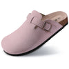 Women's Suede Mules with Cork Insole, Arch Support Slip-On Sandals with Adjustable Buckle – Casual Summer Slides