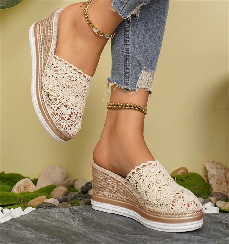 HAJINK Women's Lace Wedge Sandals – Breathable Summer Slide Heels, 5–8 cm (2–3 in) Heel, 3–5 cm (1.2–2 in) Platform