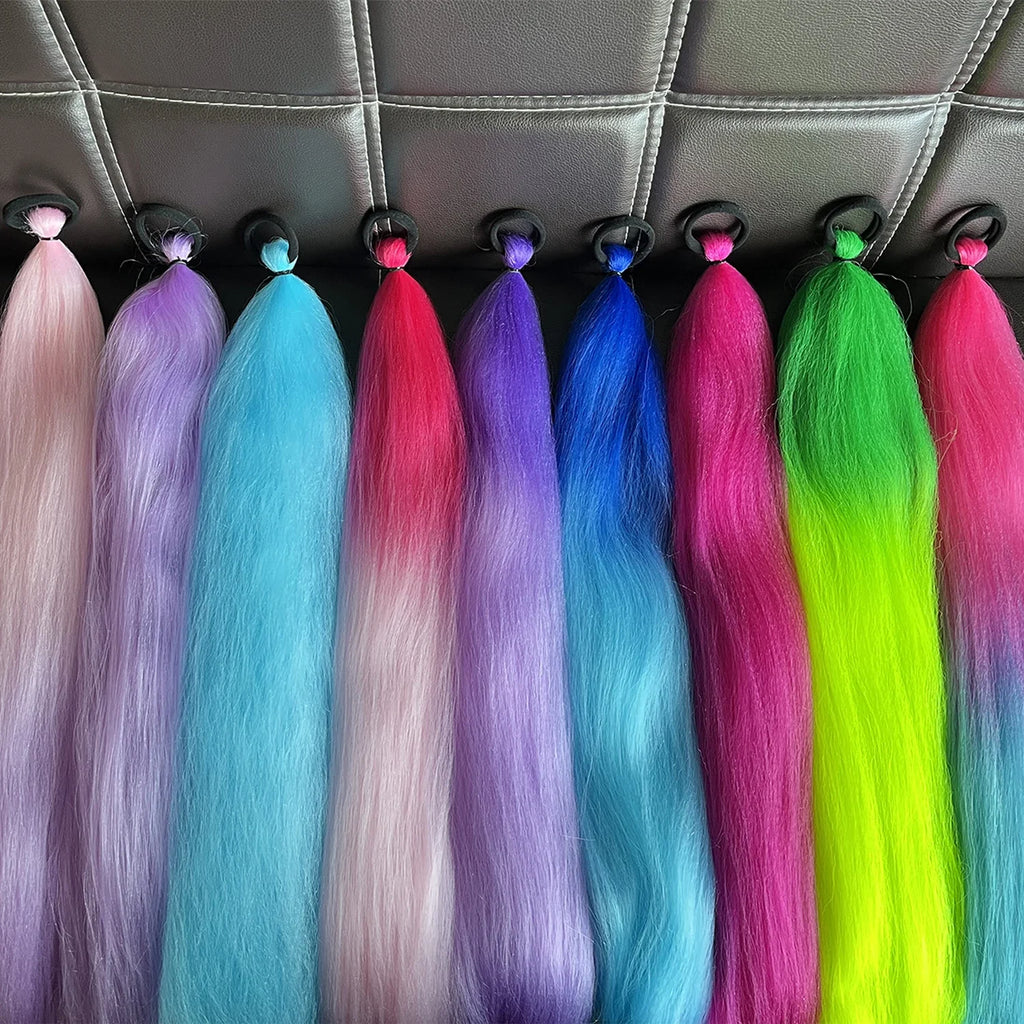 Braided Synthetic Ponytail Extension with Elastic Band – Long Kinky Straight High-Temp Hairpiece for Women & Girls (Pink Purple Blue)