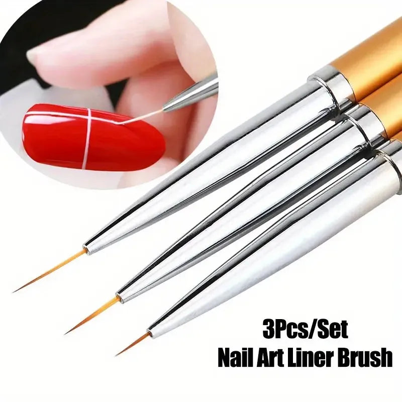 3-Piece Nail Art Brush Set – Nail Gel Extension, French Stripe & Eyeliner Brushes with Zinc Alloy Handles