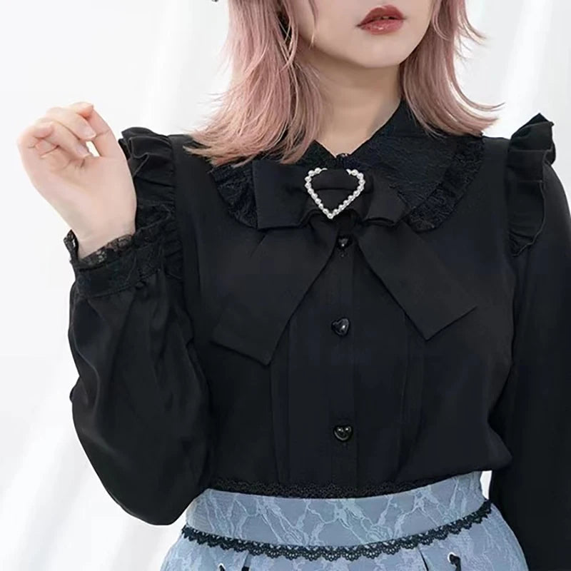 Kawaii Jirai Kei Lolita Y2K Japanese Style Peter Pan Collar Blouse Long Sleeve Sweet Bow Casual Aesthetic Top