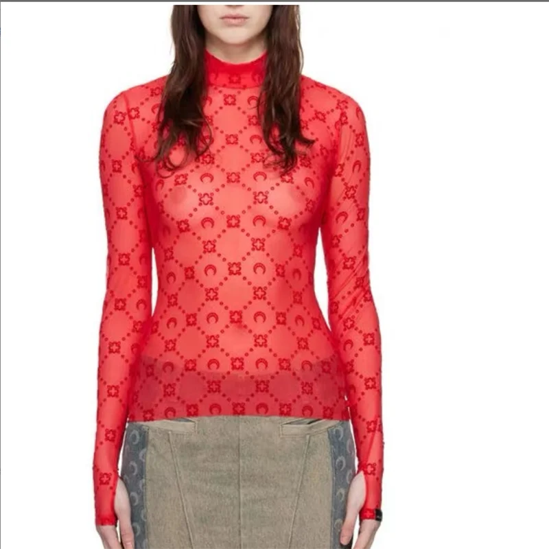 Women's Tulle Mesh Long Sleeve Sheer Blouse Moon Flocked Y2K Top