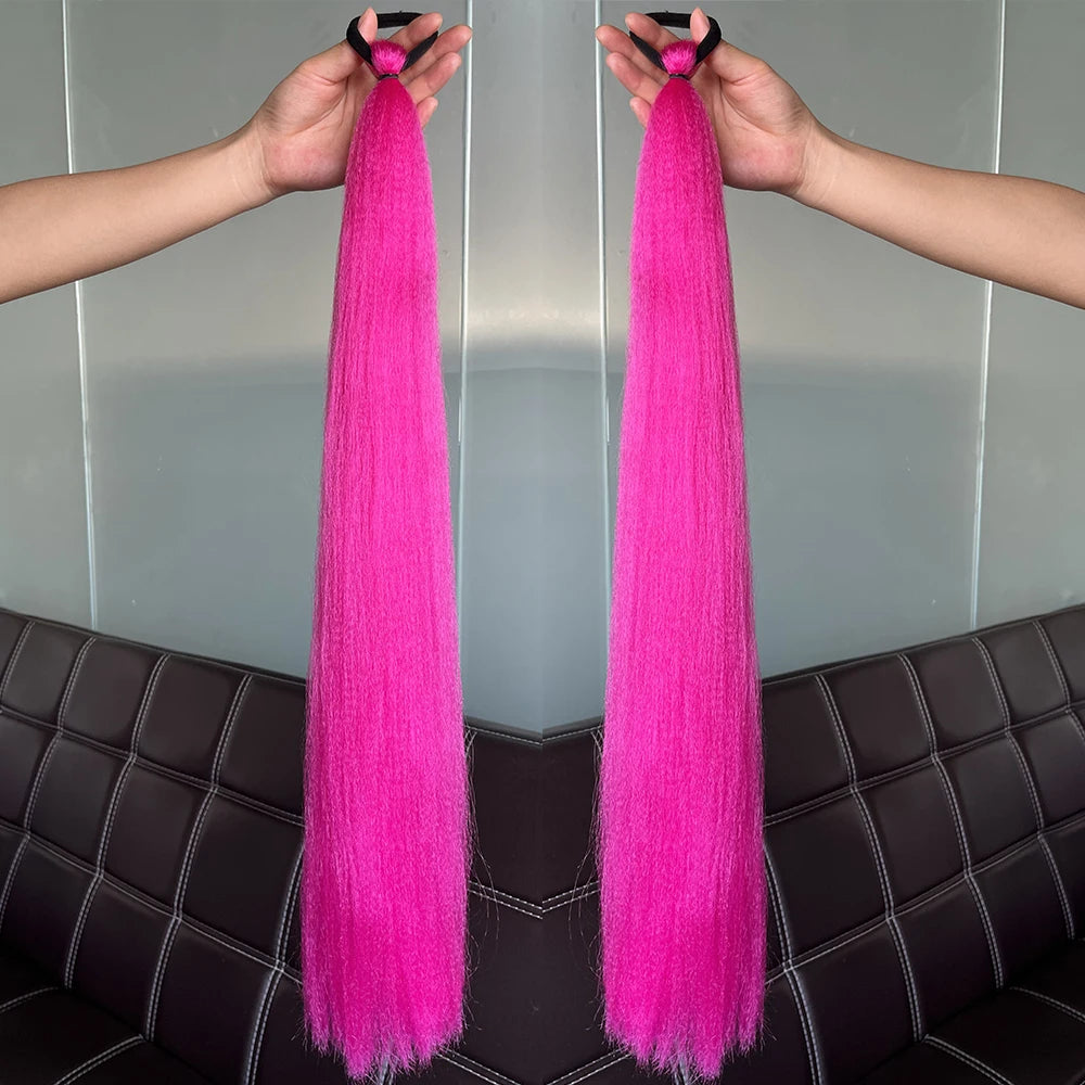 Long Straight Synthetic Ponytail Extension with Elastic Tie – Colorful Braided Hairpiece for Women