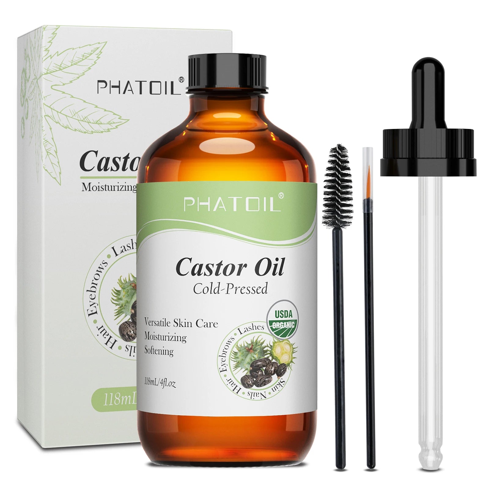 PHATOIL Organic Cold-Pressed Castor Oil 118ml/236ml (4/8 fl oz) - Unrefined for Hair, Eyelash & Nail Growth and Skin Moisturizer