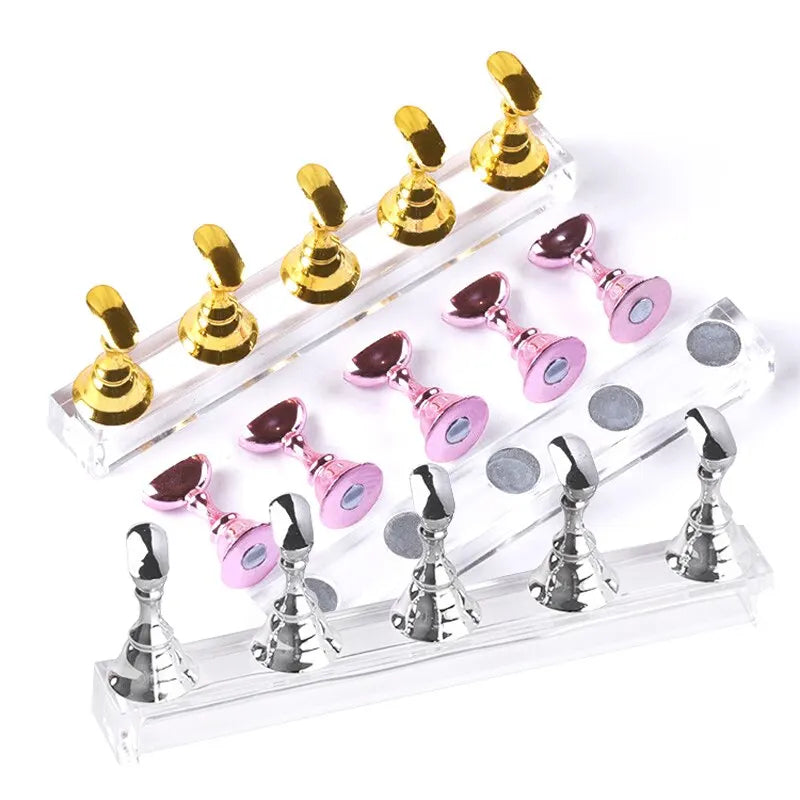 5-Pack Magnetic Nail Tip Holders with Acrylic Base – Gold Silver Rose Gold Nail Art Display Stand for Gel Polish Manicure