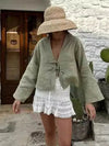 Women's White Lace-Up V-Neck Blouse — Loose Long Sleeve Casual Chic Top