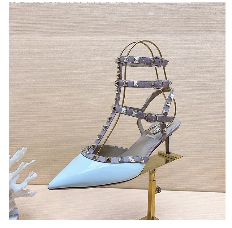 Women's Gladiator High-Heel Sandals - Black Patent Leather 3-Strap Ankle Strap Rivet Designer Heels