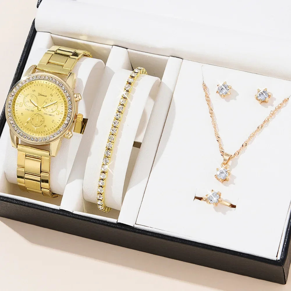 Women's Luxury Quartz Watch & 5-Piece Rhinestone Jewelry Set – Stainless Steel Strap, Bracelet, Necklace, Earrings & Ring