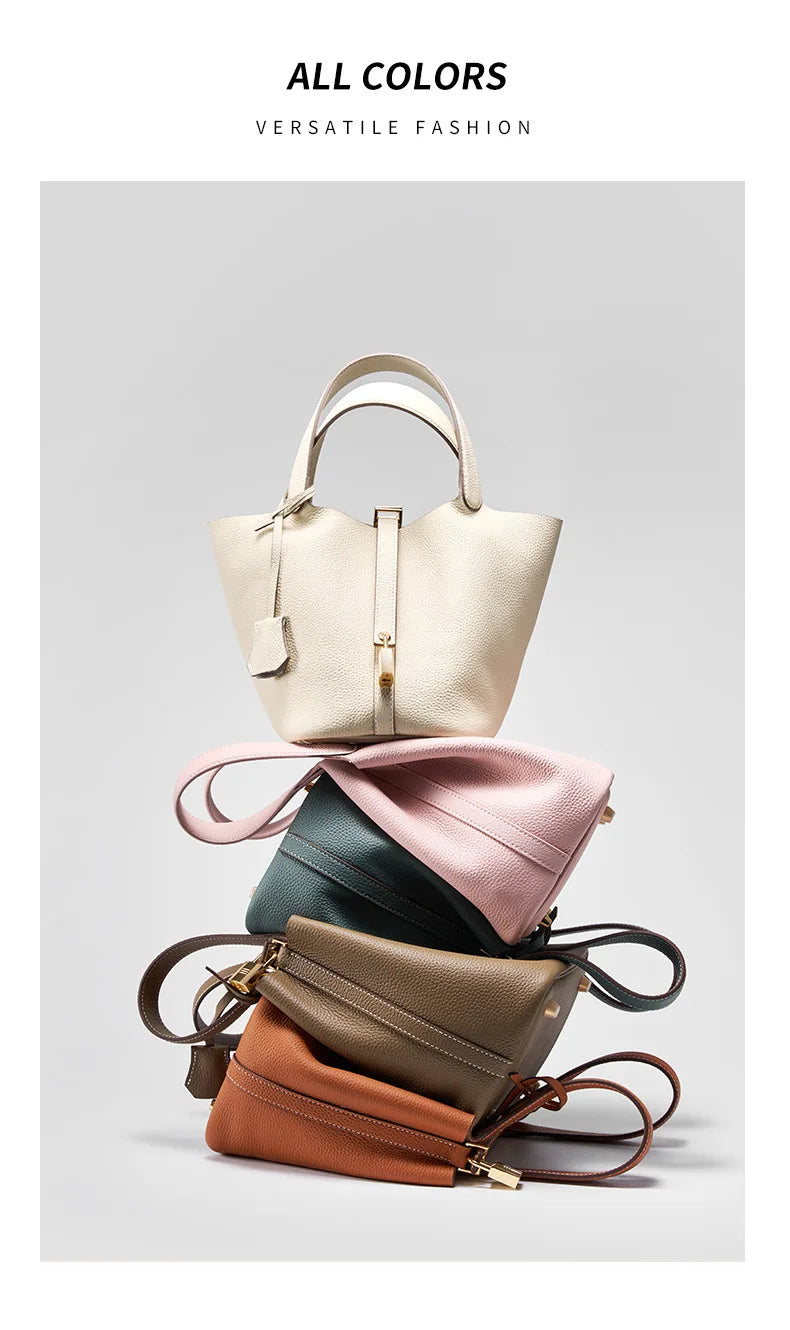 Women's Leather Bucket Bag – Basket-Style Drawstring Handbag, Mommy Bag for Bridal & Wedding