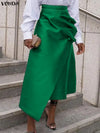 Plus Size Asymmetrical Satin Maxi Skirt – High Waist Button Pleated A-Line (0XL–5XL)