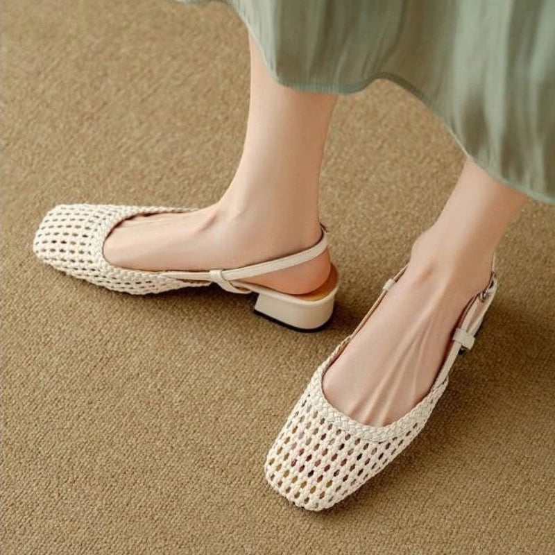 French Square-Toe Woven Mid-Heel Sandals for Women - PU Leather Square Block Heel 3-5 cm (1.2-2.0 in)