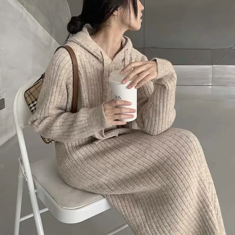 Women's Hooded Knit Sweater Dress - Loose Ankle-Length Pullover, Long Sleeve Autumn/Winter