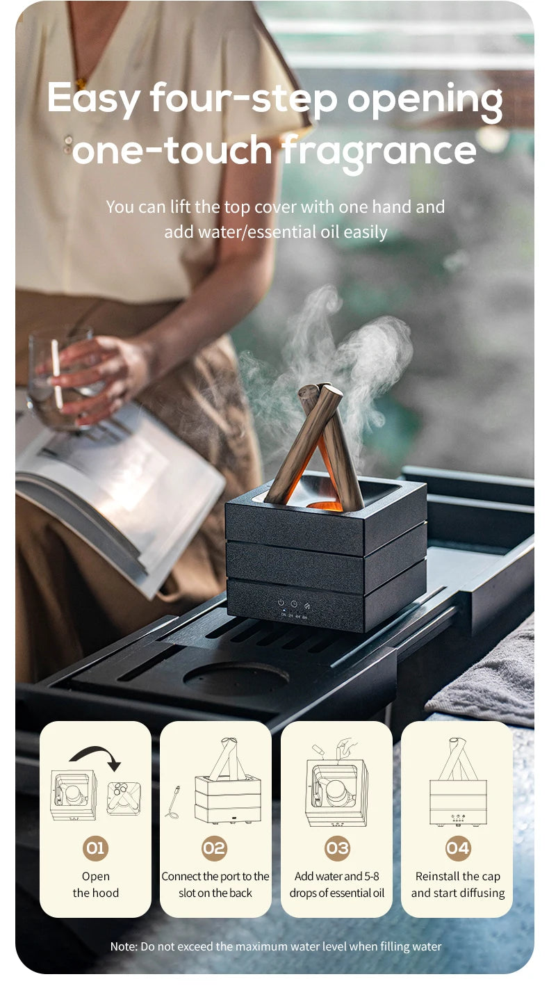 NEWSTYLE Simulated Flame Aroma Diffuser – Bonfire LED Ultrasonic Cool Mist Humidifier & Essential Oil Diffuser, 280ml (9.5 fl oz) with Remote