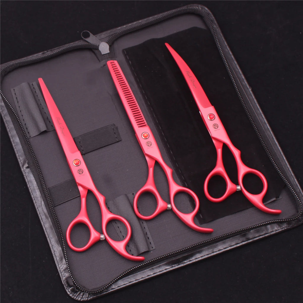 7-Inch (17.8 cm) Japanese 440C Pet Grooming Scissors Set — Straight 7 in, Curved 7 in, Thinning 6.5 in (16.5 cm) for Dog & Cat Grooming with Comb & Hemostatic Forceps