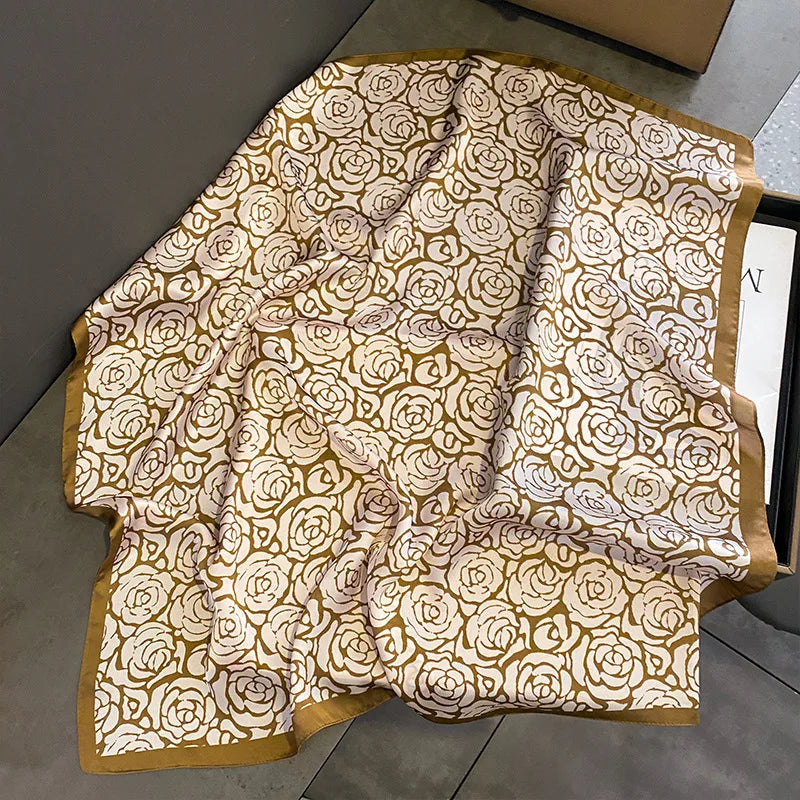 70 x 70 cm (27.6 x 27.6 in) Floral Satin-Look Polyester Square Scarf - Women's Headscarf, Hijab, Hair Band & Wrist Wrap