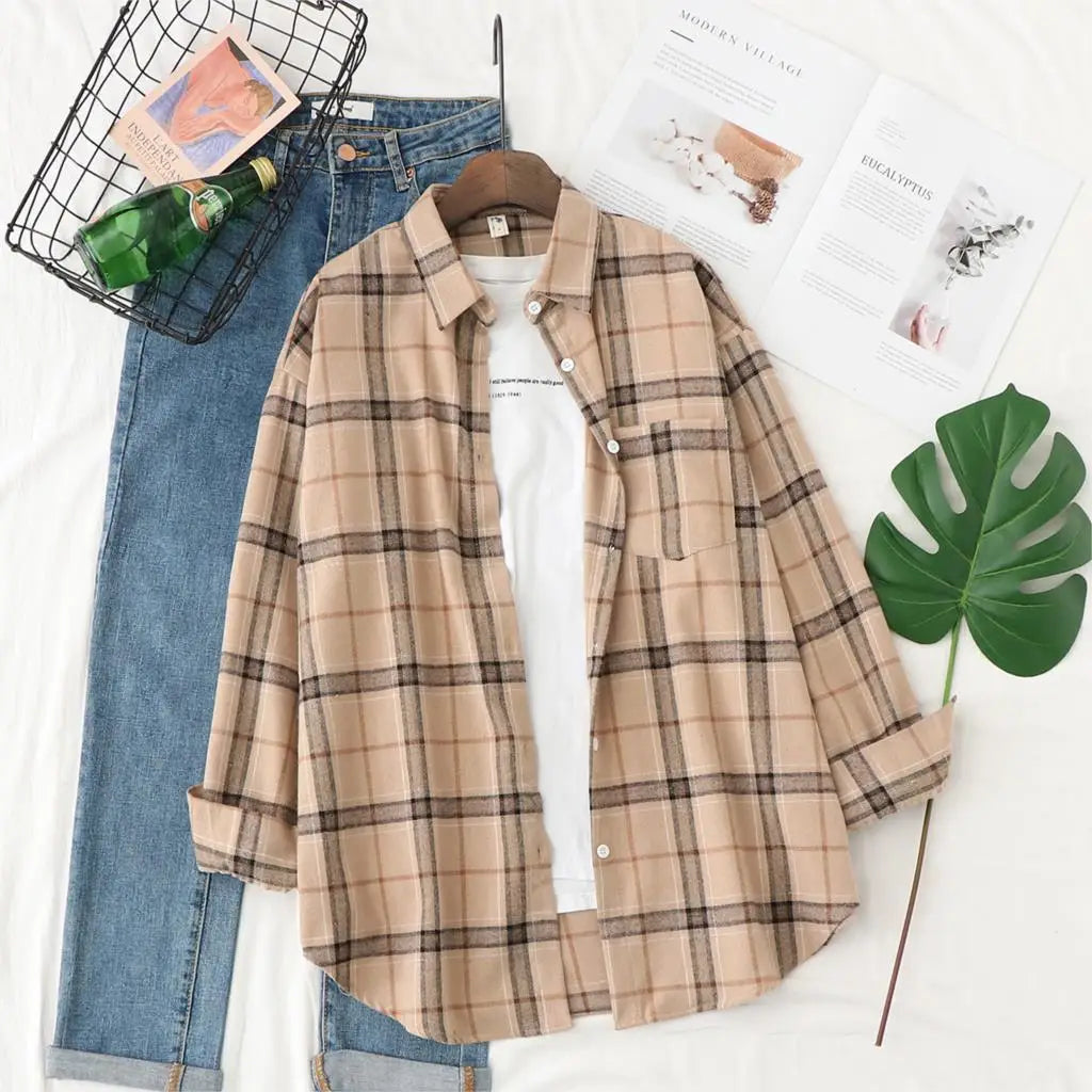 Women's Casual Loose Plaid Flannel Shirt - College Style Long-Sleeve Button-Up Blouse
