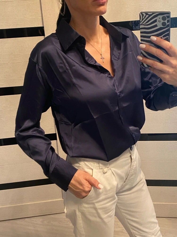 Elegant Satin Women's Button-Up Blouse Turn-Down Collar Vintage Casual Silk-Look Top
