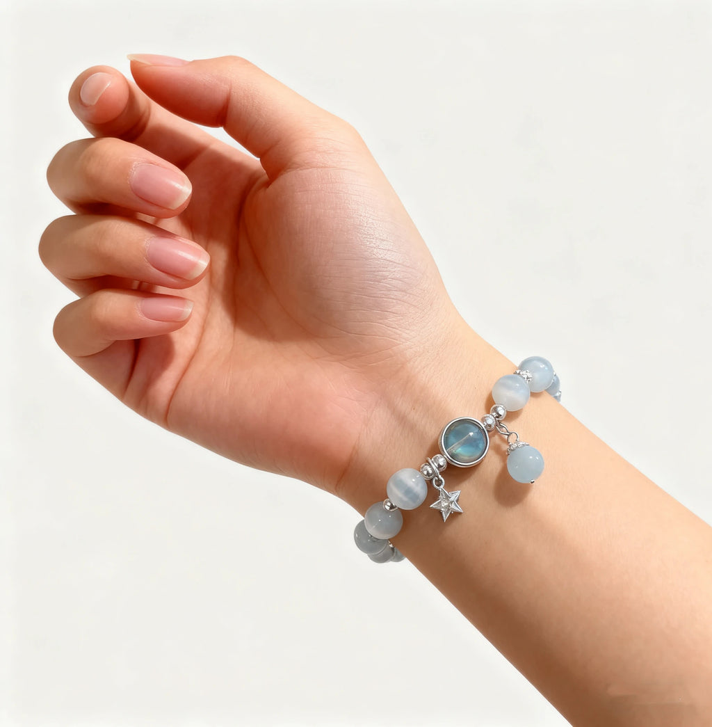 Dreamy Blue Moonstone Cat Eye Pendant Crystal Bead Bracelet – Trendy Party Jewelry Gift for Women