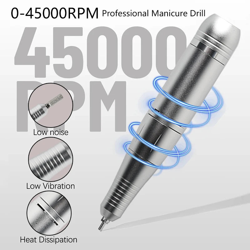 45000 RPM Rechargeable Electric Nail Drill Kit — Portable Nail File with LCD, 2600mAh Battery, 6 Bits & 6 Sanding Bands