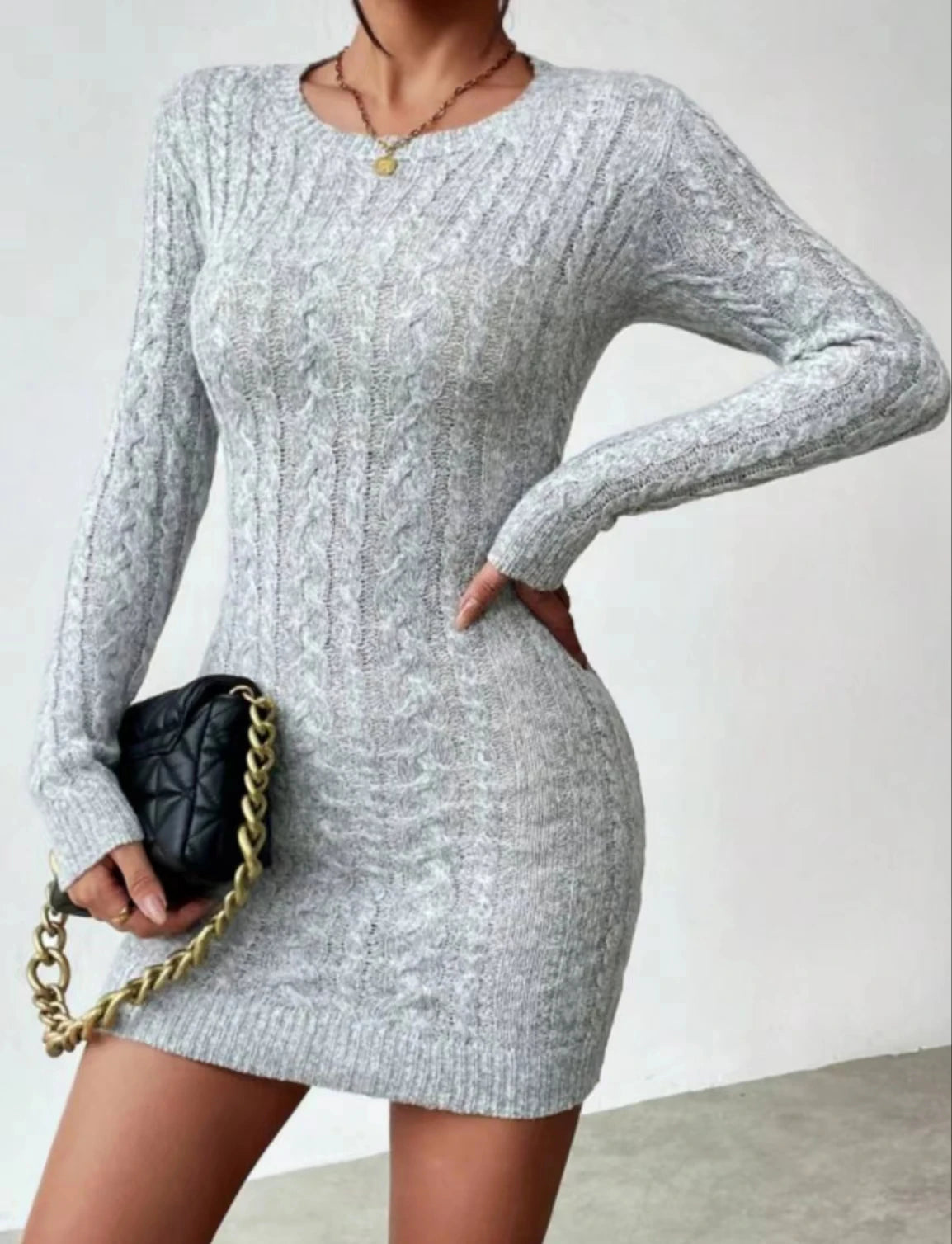 Slim Knit Crew Neck Mini Dress for Women - Autumn Winter Casual Straight Silhouette