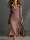 Women’s Knitted Fishtail Midi Dress – Slim Fit Lapel Collar, Flared Full Sleeves – Autumn Winter Solid
