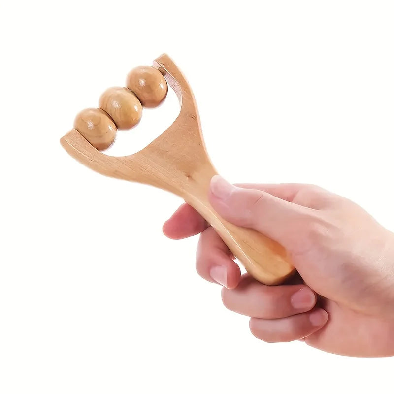 Wooden Handheld Roller Massager - Compact Body, Neck, Shoulder & Face Massage Tool