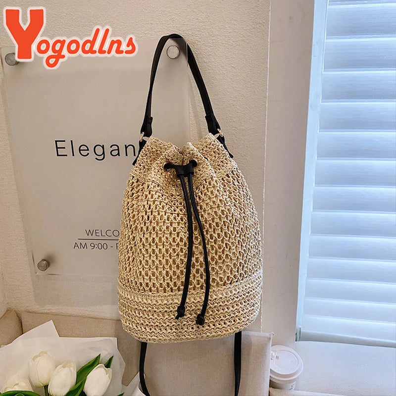 Braided Straw Bucket Bag for Women - Drawstring Shoulder & Crossbody Beach Travel Woven Handbag