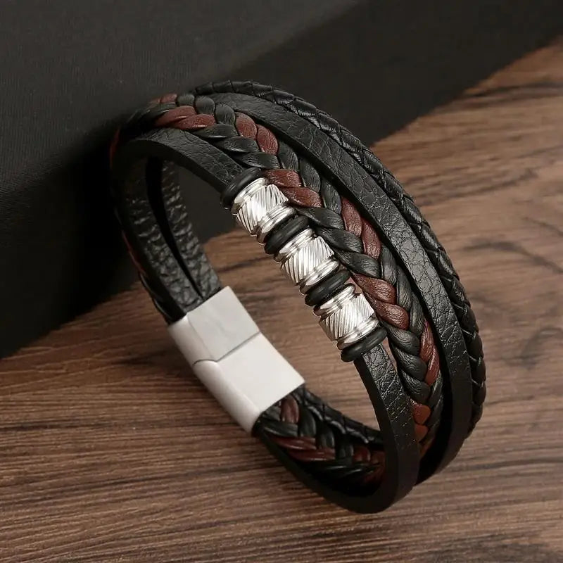 Men's Multi-Layer Woven Leather Bracelet with Alloy Magnetic Buckle - Punk Style, 19/21/23 cm (7.5/8.3/9.1 in)