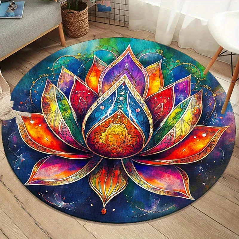 Round Lotus Mandala Rug – Colorful Psychedelic Yoga & Meditation Mat, Soft Plush Boho Carpet