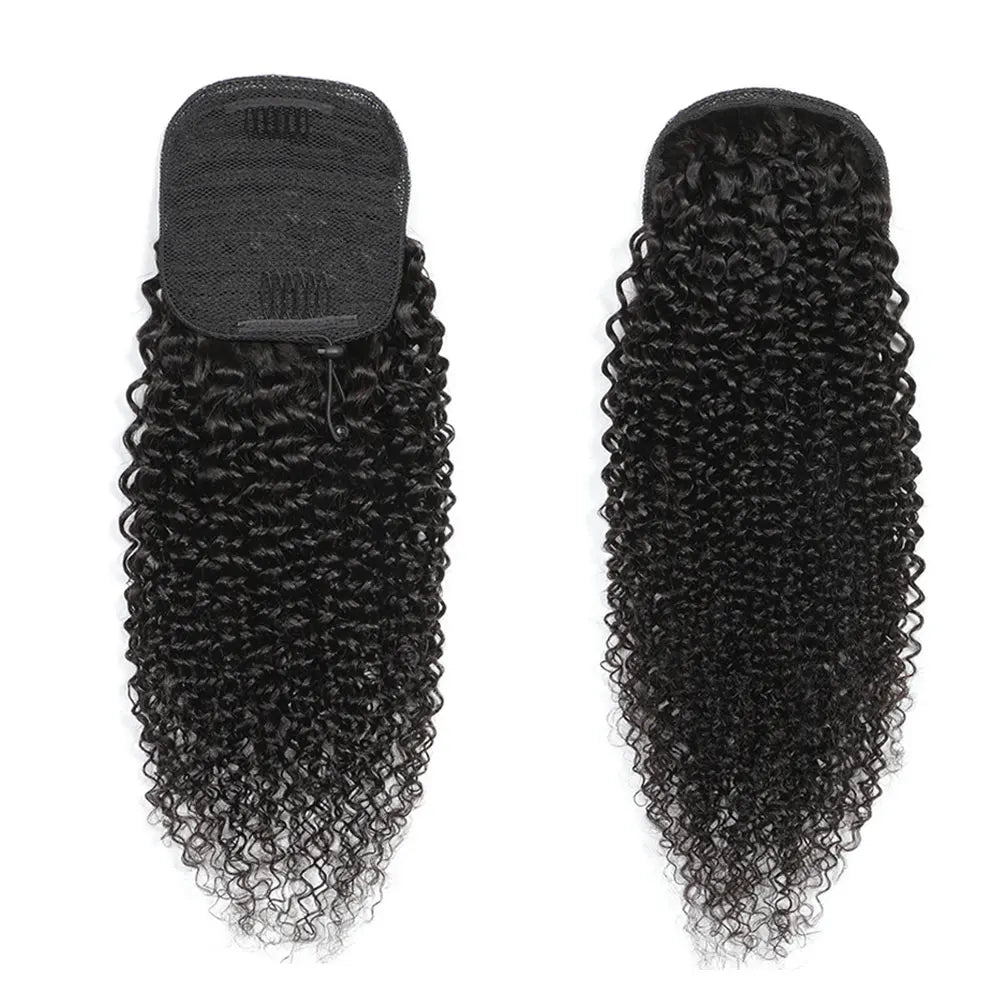 Newmi Kinky Curly 3B/3C Human Hair Drawstring Ponytail Extension – Remy Brazilian, Natural Black, 8–26 in (20–66 cm)