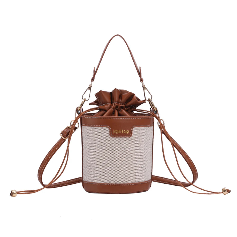 Vintage Patchwork Cylinder Drawstring Bucket Bag - PU Leather Mini Crossbody Shoulder Bag for Women