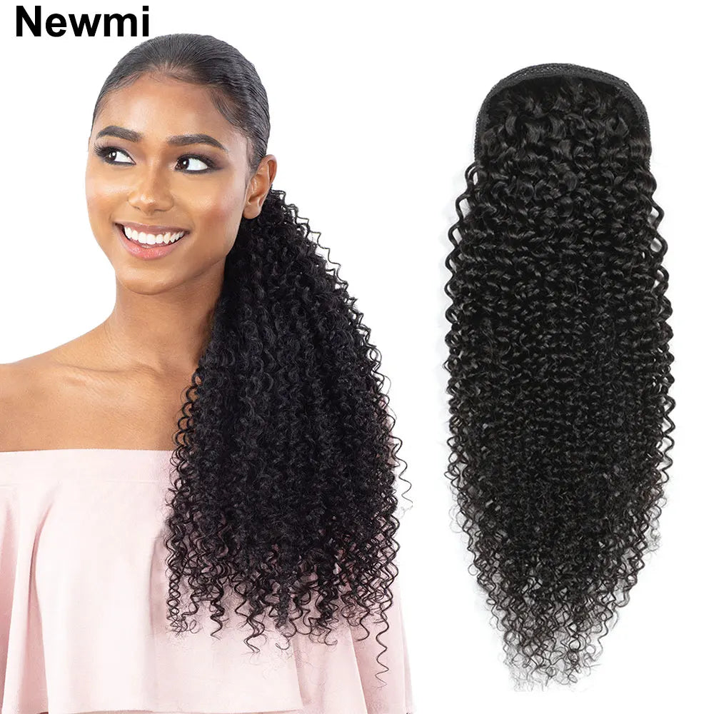Newmi Kinky Curly 3B/3C Human Hair Drawstring Ponytail Extension – Remy Brazilian, Natural Black, 8–26 in (20–66 cm)