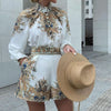 Women's Autumn/Winter Printed Long-Sleeve Single-Breasted Top & Matching Bottoms Slim Polyester Two-Piece Set