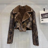 PREPOMP Turn-Down Collar Faux Fur PU Leather Jacket for Women, Zipper Sleeve Cuffs Streetwear Winter Coat