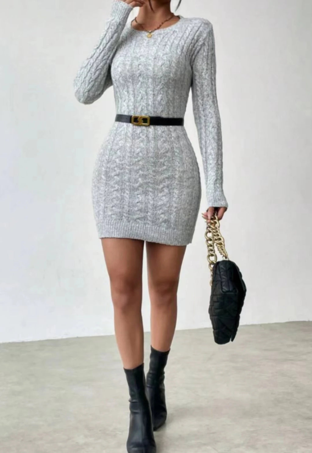 Slim Knit Crew Neck Mini Dress for Women - Autumn Winter Casual Straight Silhouette