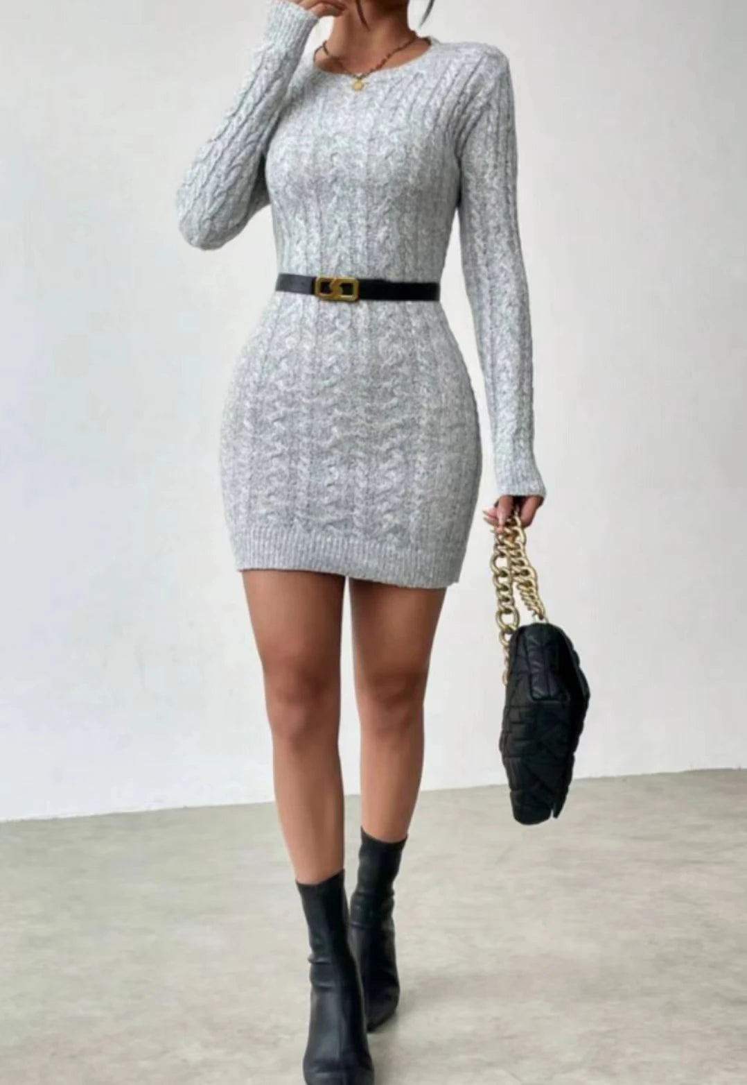 Slim Knit Crew Neck Mini Dress for Women - Autumn Winter Casual Straight Silhouette
