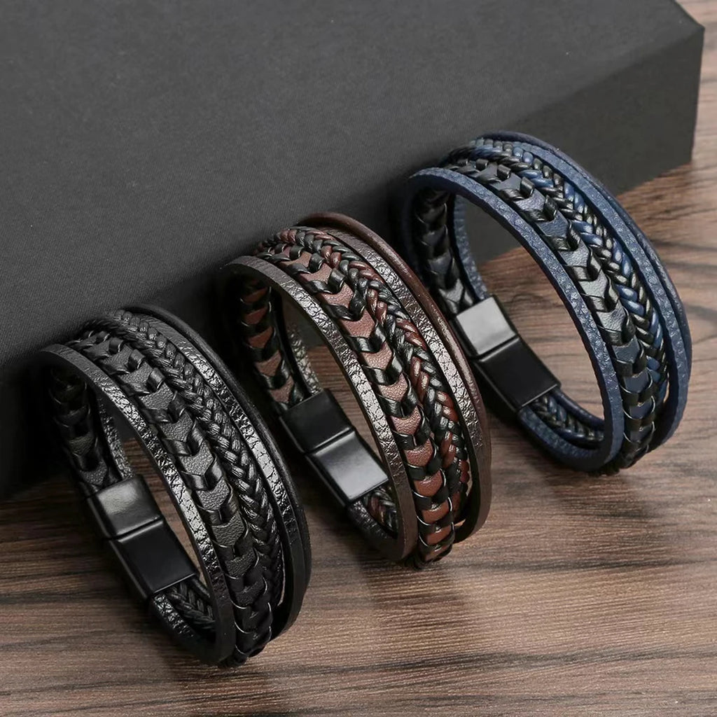 Men's Multi-Layer Leather Braided Bracelet with Alloy Magnetic Clasp - Vintage Wrap Bracelet 8.26 in (21 cm)